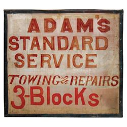 Petroliana sign, Adam's Standard Service, painted metal sign in VG cond, 32"H x 26"W.