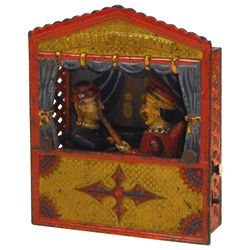 Mechanical bank, Punch and Judy, cast iron w/orig paint, patd 1884, designed by Charles Shepard & Pe