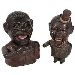 Mechanical banks (2), Jolly Nigger, mfgd by J. & E. Stevens, cast iron, traces of old red paint, o/w