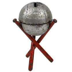 Still bank, Baseball on Three Bats, cast iron w/orig paint, mfgd by Hubley, c.1914, a scarce bank, E