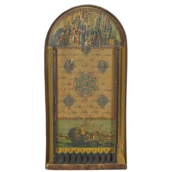 Game board, marble pin game w/Chinese paper lithos over wood, c.1900, VG cond missing a few pins, 18
