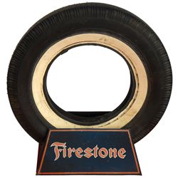 Petroliana, Firestone tire display stand w/tire, 2-sided litho on metal, VG/Exc cond, stand is 9"H x
