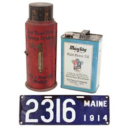 Petroliana (3), Maytag Motor Oil gal tin, Schrader Tire Gauge metal counter display case & 1914 Main
