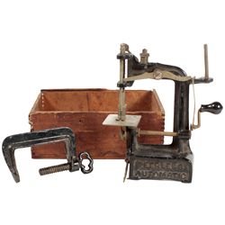 Child's sewing machine, Peerless Automatic, cast iron w/clamp & partial box, Exc cond, 7"H x 5.5"W.