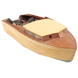 Toy boat, motors & oars (6), handmade balsa wood boat, 3 metal Japanese outboard motors, 1 marked We