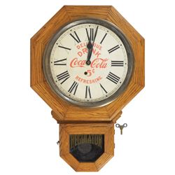 Clock, octagon school house regulator, oak w/Coca-Cola dial, dial reads Made by The Ingraham Co.-Bri