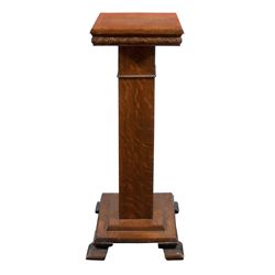 Furniture, tiger oak pedestal, scrolled apron, square column w/beading & tiered base, c.1915, Exc co
