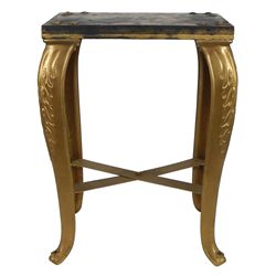 Cast iron arcade machine stand w/fancy curved legs, old gold paint, thick wood top, VG cond, 25"H x 