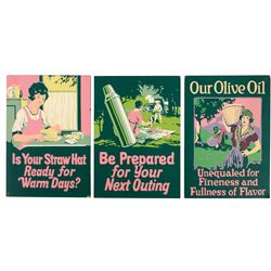 Drug store product display signs (3), 1930's hand-printed serigraphs on cdbd, colorful orig silkscre