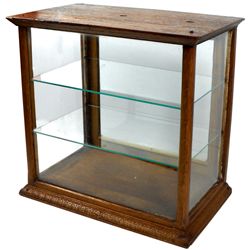 Showcase, oak w/fancy base molding, glass shelves & hinged back door, Exc cond, 16"H x 16.75"W x 10"