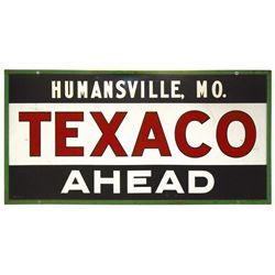 Petroliana, Texaco Ahead-Humansville, MO. metal sign in wood frame, marked Made in USA J-G 53, VG/Ex