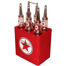 Petroliana, Texaco metal replica oil bottle display rack w/6 embossed motor oil bottles w/Texaco dec