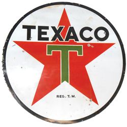 Petroliana, Texaco gasoline sign, 2-sided porcelain, marked Reg T.M., VG cond on both sides, 72"Dia.