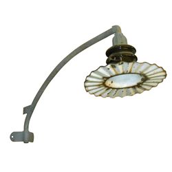 Petroliana, gas station light, cast iron arch w/green & white ribbed porcelain shade, Good orig cond
