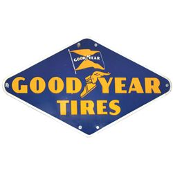Petroliana, Goodyear Tires diamond-shaped porcelain sign, c.1948, marked C.A. 48, Prop. Of Goodyear 