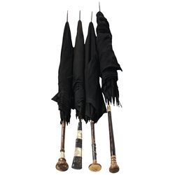 Victorian umbrellas (4), all w/fancy emb metal & mother-of-pearl handles, 2 VG cond, 2 w/damaged fab