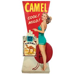Tobacciana, Camel Cigarette sign w/pretty girl in blue bathing suit, colorful diecut cdbd standup w/