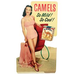 Tobacciana, Camel Cigarette sign w/pretty girl in pink bathing suit, colorful diecut cdbd standup w/