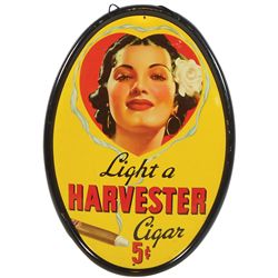 Tobacciana sign, Harvester Cigar, oval self-framed litho on metal w/bright colors & beautiful girl, 