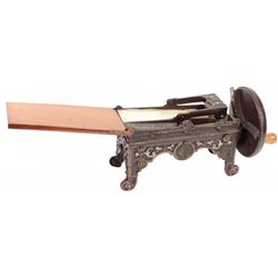 Tobacco slicer for plug tobacco, fancy cast iron w/wood handle & hinged tray, marked Gesetzl.Geschut