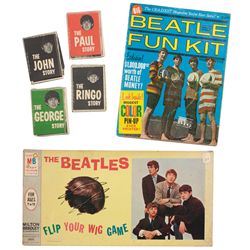 Rock 'n Roll Beatles items (11), "Flip Your Wig" game (1964), fun kit (1960's), wallet photo fold-ou