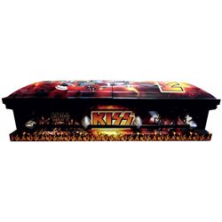 Rock 'n Roll Kiss casket, 20-gauge steel casket w/black interior fabric, signed by Eric Singer, same