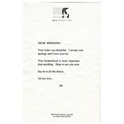 Michael Jackson, typed note on MJJ Productions paper to brother Jermaine accepting his apology, part