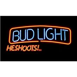 Breweriana neon flashing sign, "Bud Light He Shoots He Scores," NOS cond, 18"H x 29"W.