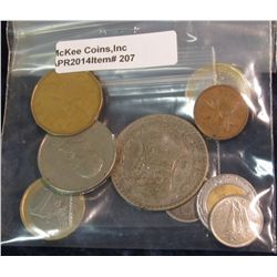 207. 1875 P U.S. Seated Liberty Dime F-12; 1962 Mexico Silver Peso F-12; 2002 Mexico Peso; 1987 Mexi