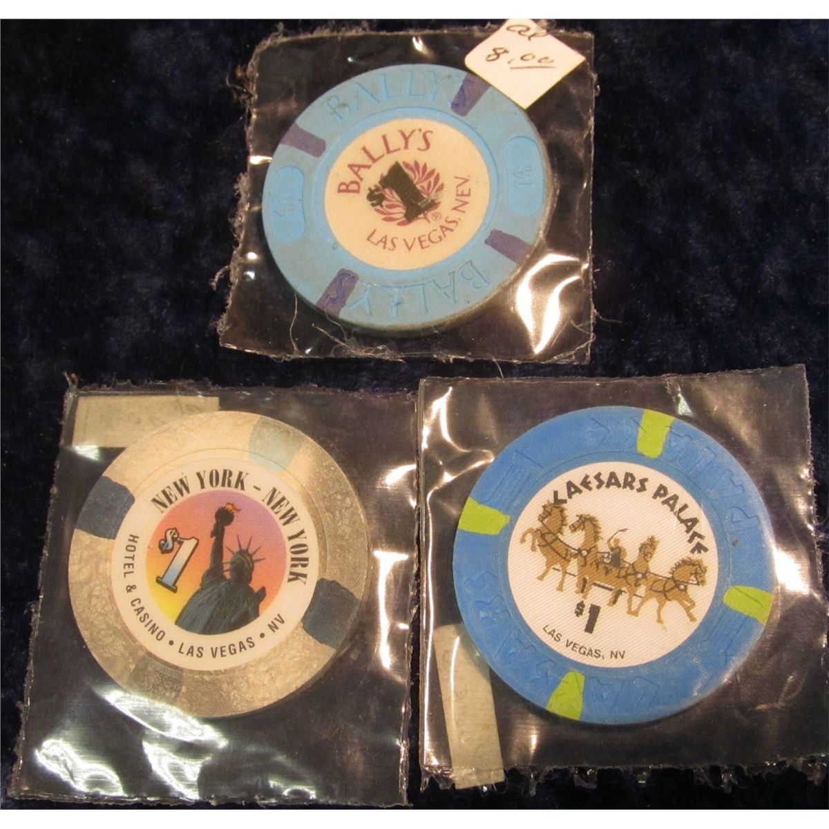 1850. (3) Antique Gambling Chips New York New York Hotel & Casino Las