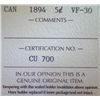 Image 3 : Canada - 5 Cents - 1894 - ICCS - VF-30