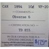 Image 3 : Canada - 10 Cents - 1894 - Obv #6 - ICCS - VF-20