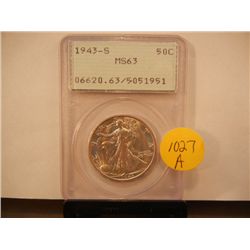 1943 -S Walking Liberty Half Dollar MS 63 Graded by PCGS