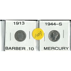 Two Silver Dimes (1)  1913 Barber Dime &  (1) 1944-S Mercury Dime