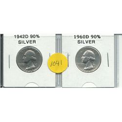 Two Silver Washington Quarters 1942-D & 1960-D