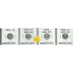 Four Mercury Dimes 1931-s, 1943-D  MS64, 1944 MS-64, 1945-S MS-64