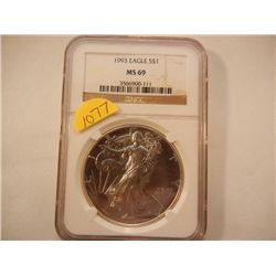 1993 American Silver Eagle Graded by NGC- MS 69