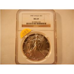 1987 American Silver Eagle Graded by NGC- MS 69