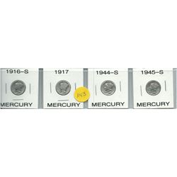 Four Mercury Dimes 1916-S, 1917, 1944-S, 1945-S