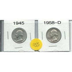 Two Silver Washington Quarters 1945 & 1958-D