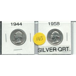 Two Silver Washington Quarters 1944 & 1958