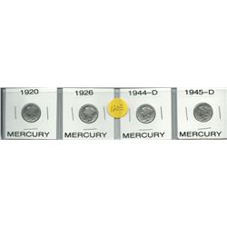 Four Mercury Dimes 1920, 1926, 1944-D, 1945-D