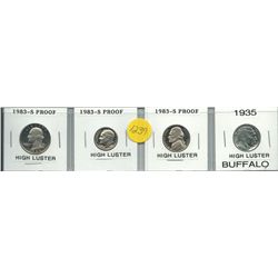 1983 -S Proof Quarter, Dime, Nickel & 1935 High Luster Buffalo Nickel