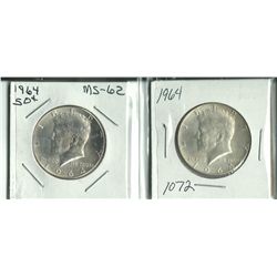 Two - 1964 Silver Kennedy Half Dollars