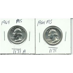 Two - 1964 Silver Washington Quarters Proof