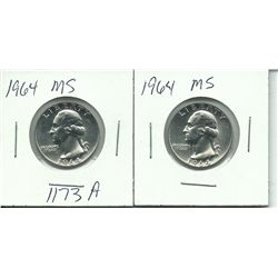 Two - 1964 Silver Washington Quarters Proof