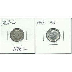 Two Silver Roosevelt Dimes 1957-D & 1963