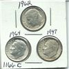 Three Silver Roosevelt Dimes 1947, 1962 & 1964