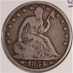 1854 SEATED HALF DOLLAR VG/F