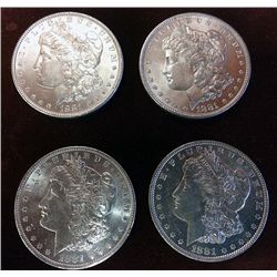 4 1881-O Morgan Silver Dollars, Brilliant Uncirculated